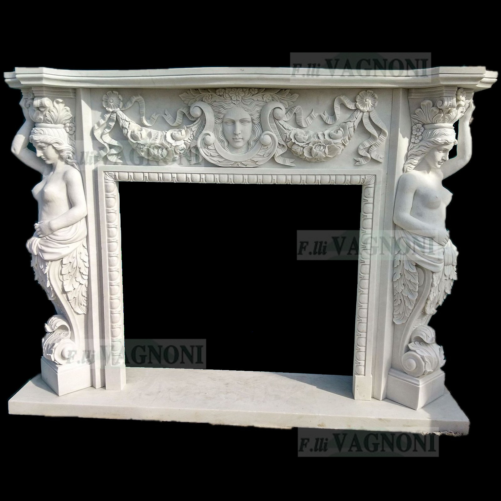 CORNICE DI CAMINO IN MARMO BIANCO CON STATUE 55 Cm. 180